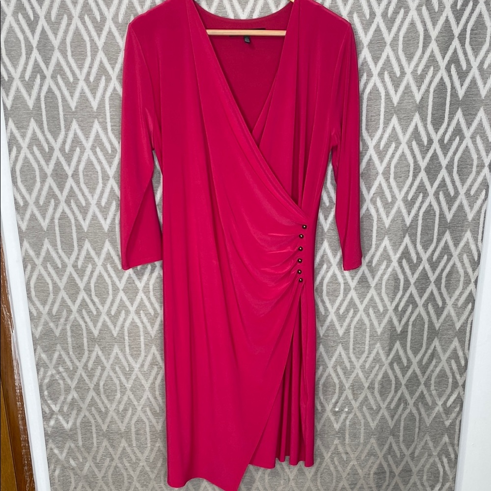 WHBM Red Sheath Dress with V-Neck & 3/4 Sleeves Studded Cocktail Dress Size: 12